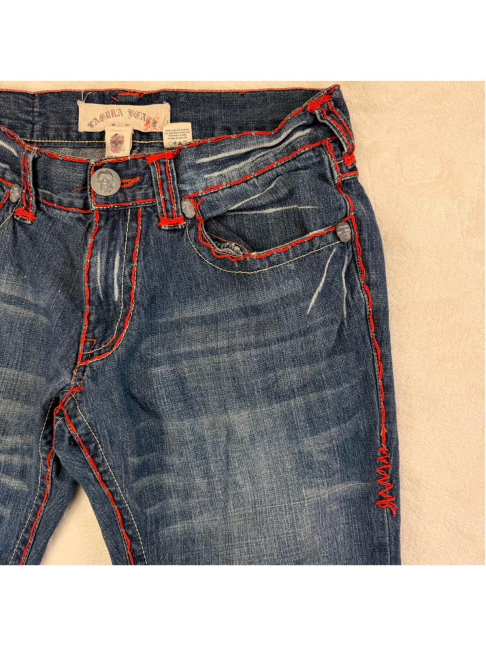 Women's Laguna Beach Vintage Y2K Boot Cut Jeans Red Stitching Skulls Size 34 - Picture 4 of 16